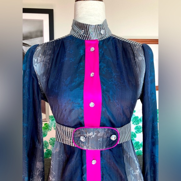 SOLD Matthew Williamson Silk & Wool Blend Blue/Silver Button Down Shirt Dress, - Picture 3 of 8